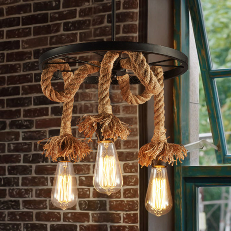 Black Metal Wagon Wheel Chandelier Retro Industrial Rope Suspension Light for Restaurant