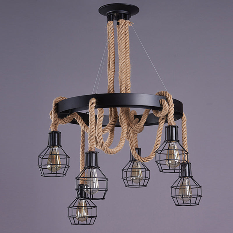 Black Wire Cage Wagon Wheel Chandelier Lights Antique Industrial Hemp Rope Restaurant Drop Lamp