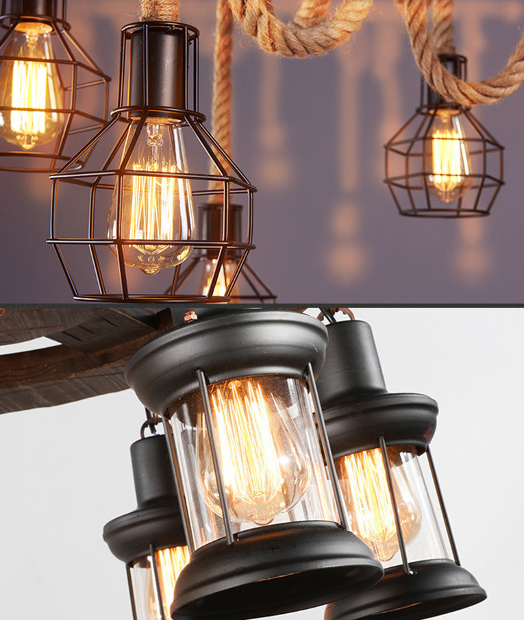 Black Wire Cage Wagon Wheel Chandelier Lights Antique Industrial Hemp Rope Restaurant Drop Lamp