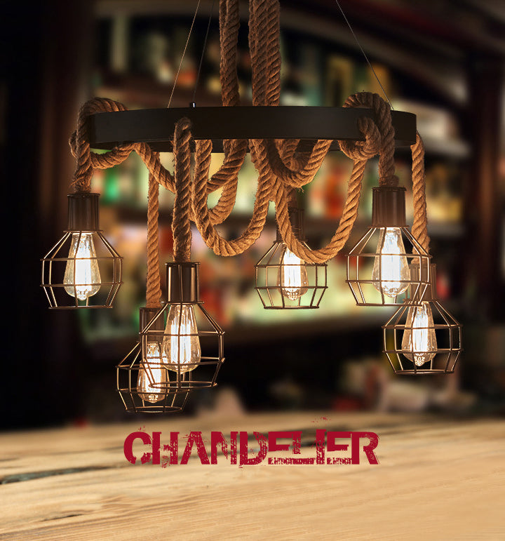 Black Wire Cage Wagon Wheel Chandelier Lights Antique Industrial Hemp Rope Restaurant Drop Lamp