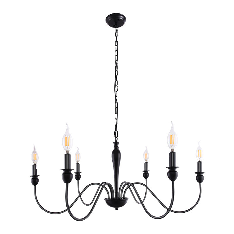 Industrial Metal Swirled Arm Hanging Chandelier Light Black Candle Exposed Bulb Restaurant Drop Lamp