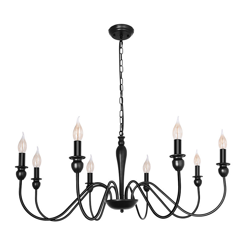 Industrial Metal Swirled Arm Hanging Chandelier Light Black Candle Exposed Bulb Restaurant Drop Lamp