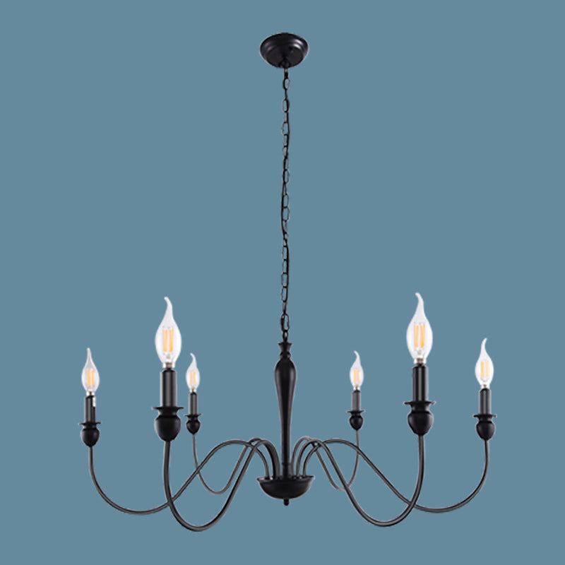 Industrial Metal Swirled Arm Hanging Chandelier Light Black Candle Exposed Bulb Restaurant Drop Lamp