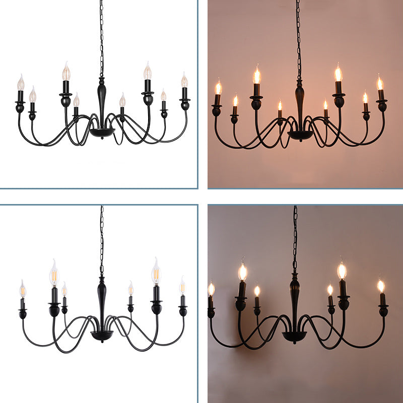 Industrial Metal Swirled Arm Hanging Chandelier Light Black Candle Exposed Bulb Restaurant Drop Lamp