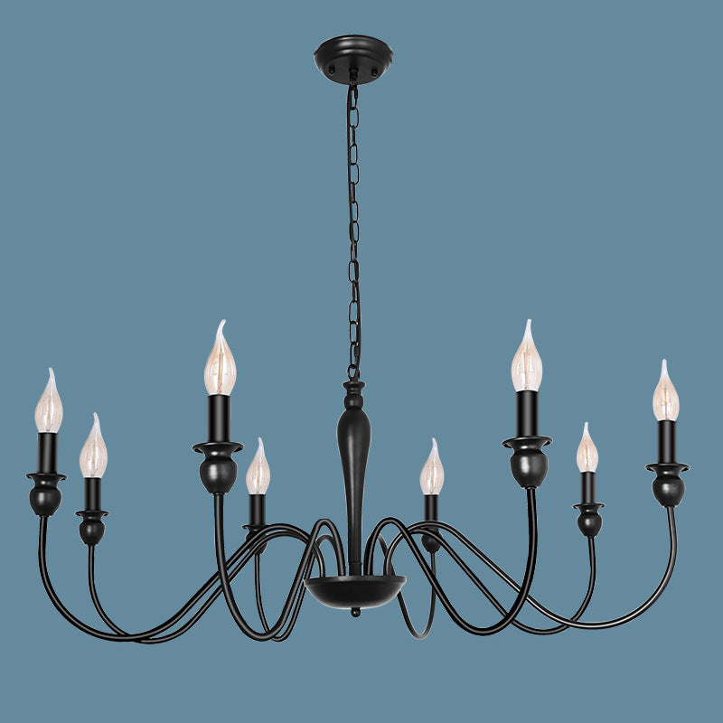 Industrial Metal Swirled Arm Hanging Chandelier Light Black Candle Exposed Bulb Restaurant Drop Lamp