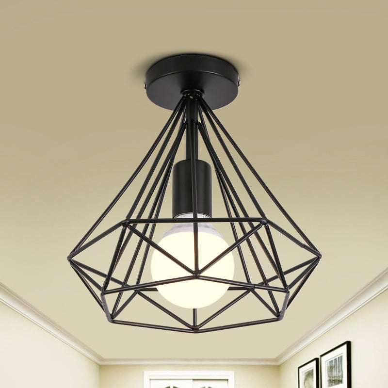 1 Light Semi Flush Mount Ceiling Fixture Industrial Diamond Cage Metal Ceiling Mount Light Fixture