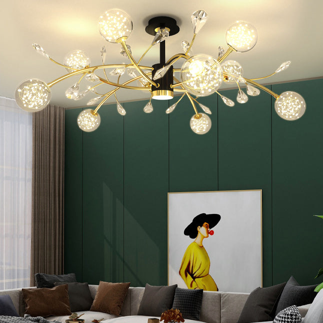 Luce del soffitto di ramo di cristallo moderno lampadario semifulto a LED LED Black-Gold con tonalità in vetro a sfera