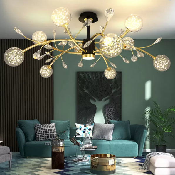 Crystal Tree Branch Ceiling Lighting Modern Black-Gold LED Semi Flush Chandelier with Ball Glass Shade