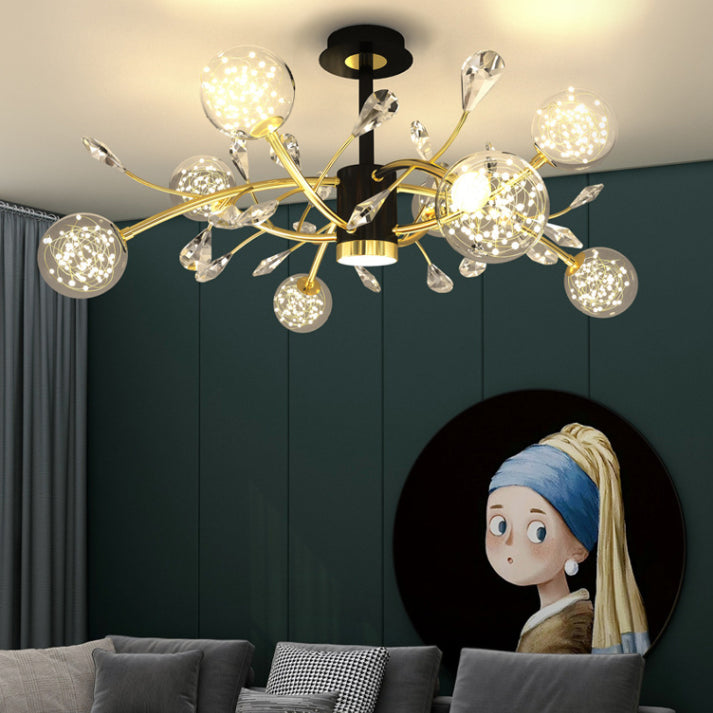 Crystal Tree Branch Ceiling Lighting Modern Black-Gold LED Semi Flush Chandelier with Ball Glass Shade