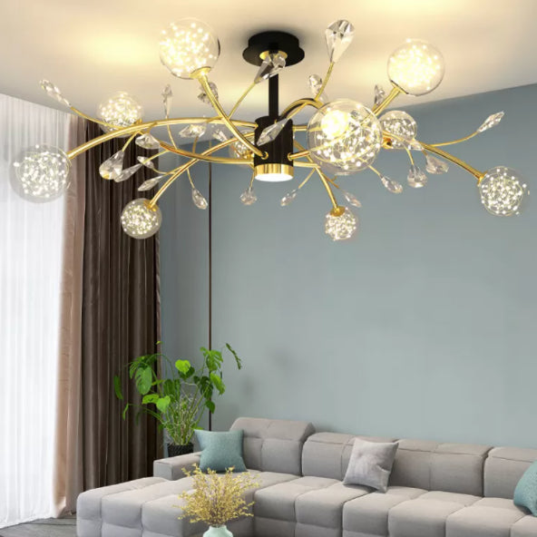 Luce del soffitto di ramo di cristallo moderno lampadario semifulto a LED LED Black-Gold con tonalità in vetro a sfera