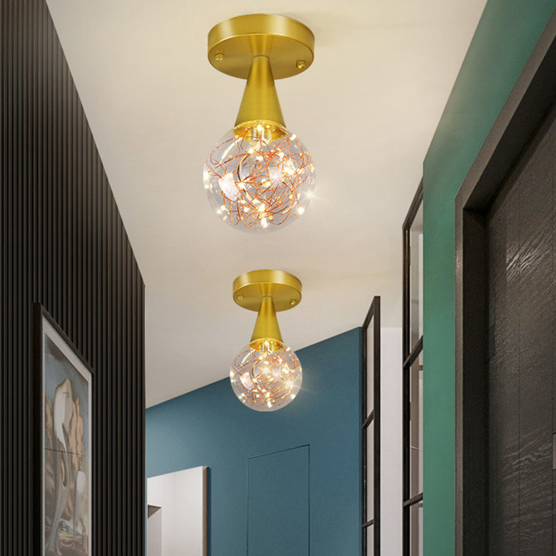 Ball Shade Corridor Flush Light Fixture Clear Glass Simple LED Ceiling Light in Gold