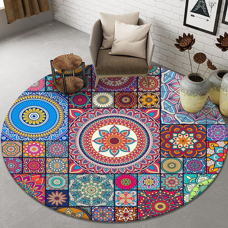 Classic Moroccan Floral Print Rug Multi-Color luxury Round Carpet Polyester Friendly Washable Rug for Home Decoration