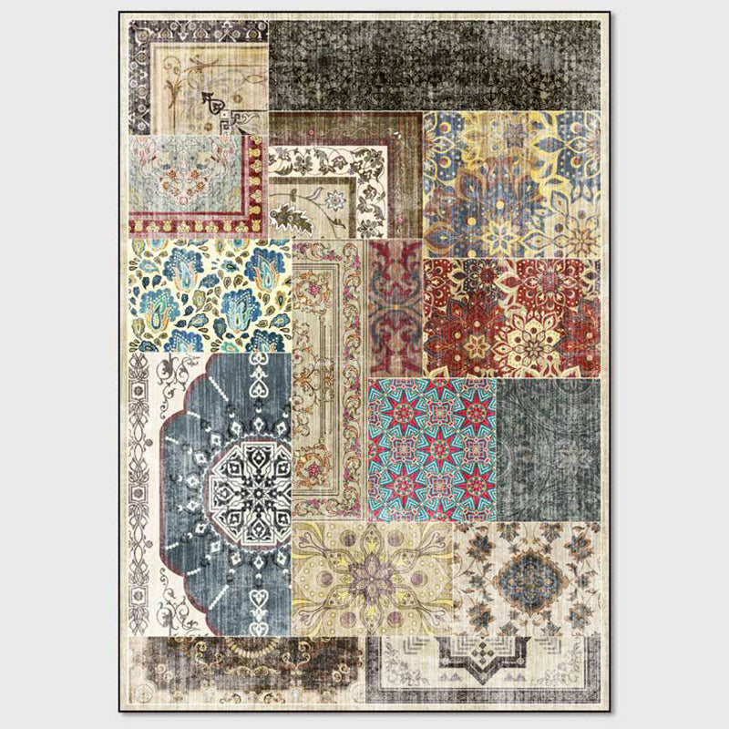 Mid-Century Moroccan Tile Pattern Rug Whitewash Antique Indoor Rug Polyester Non-Slip Backing Carpet for Home Decor