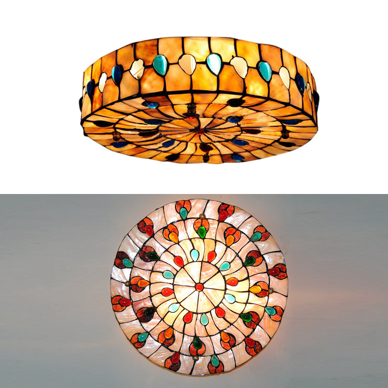 Stained Glass Ceiling Light Fixture, Drum Semi Flush Light with Jewel Decoration Tiffany Style