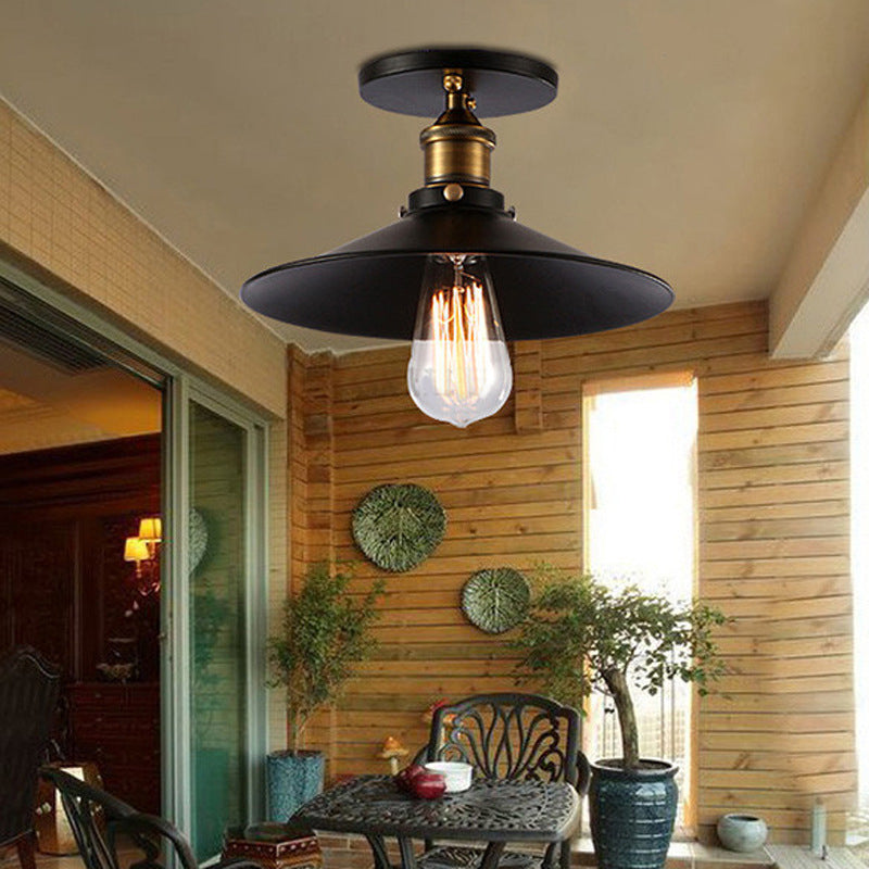 Retro Industrial Style Ceiling Light Black Wrought Iron Cone Shade Semi Flush Mount Lamp for Corridor Bedroom