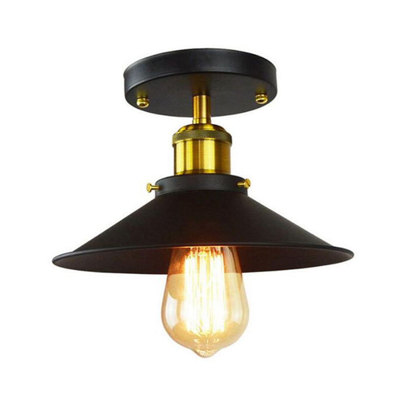 Retro Industrial Style Ceiling Light Black Wrought Iron Cone Shade Semi Flush Mount Lamp for Corridor Bedroom