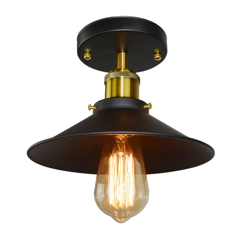 Retro Industrial Style Ceiling Light Black Wrought Iron Cone Shade Semi Flush Mount Lamp for Corridor Bedroom