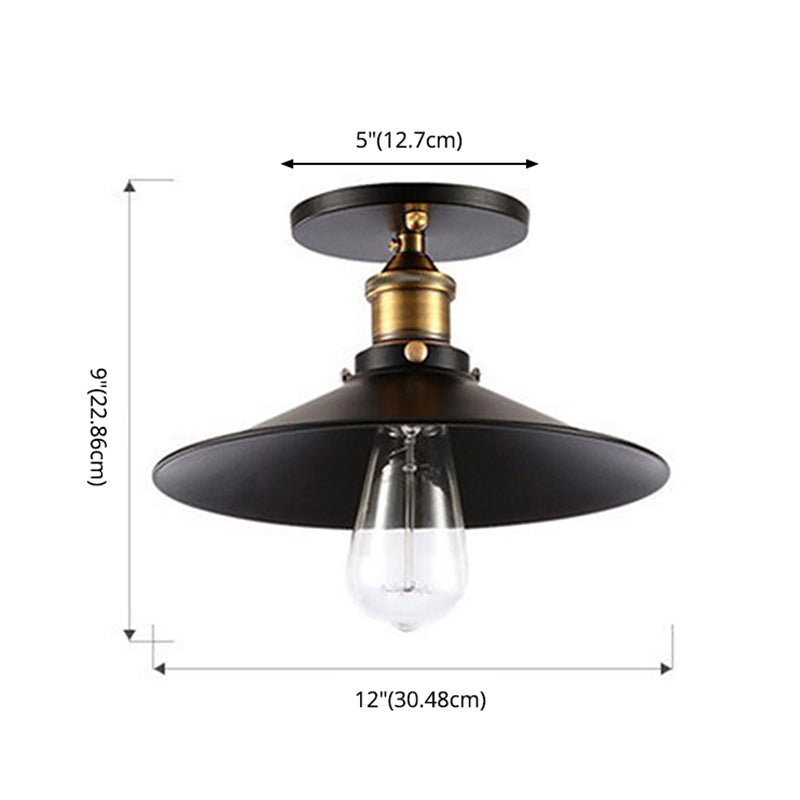 Retro Industrial Style Ceiling Light Black Wrought Iron Cone Shade Semi Flush Mount Lamp for Corridor Bedroom