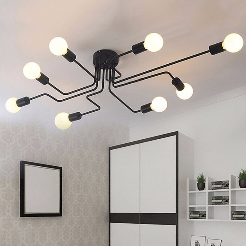 Semi Flush Ceiling Light Loft Style Starburst Metal Semi Flush Mount Light Fixture in Black