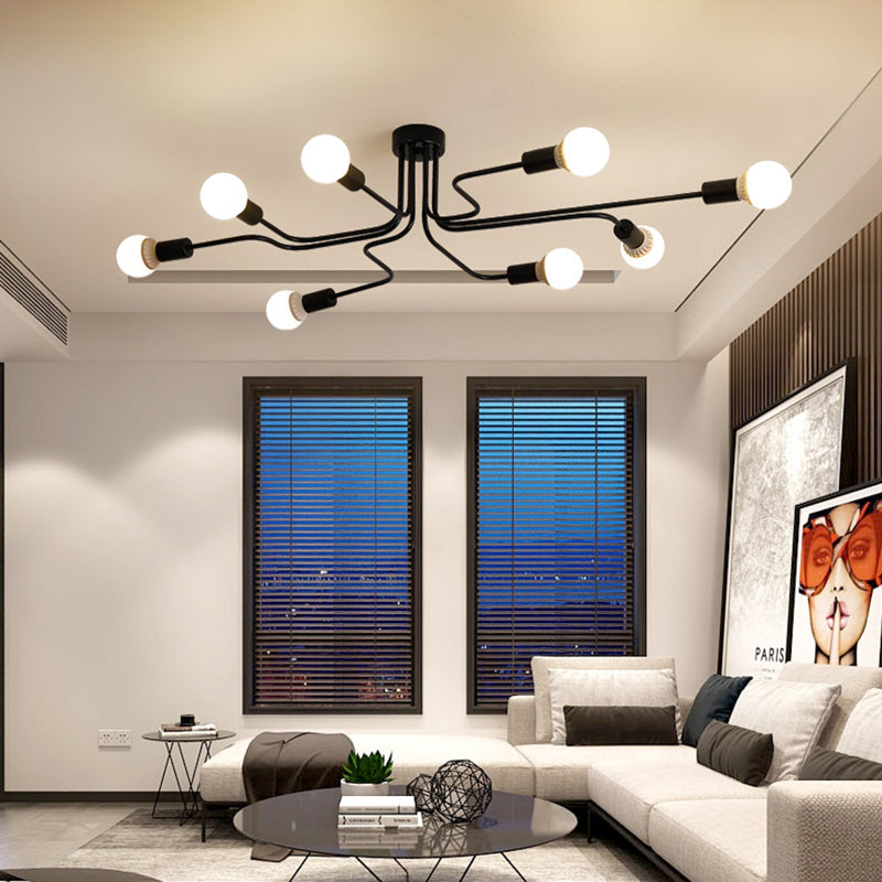 Semi Flush Ceiling Light Loft Style Starburst Metal Semi Flush Mount Light Fixture in Black