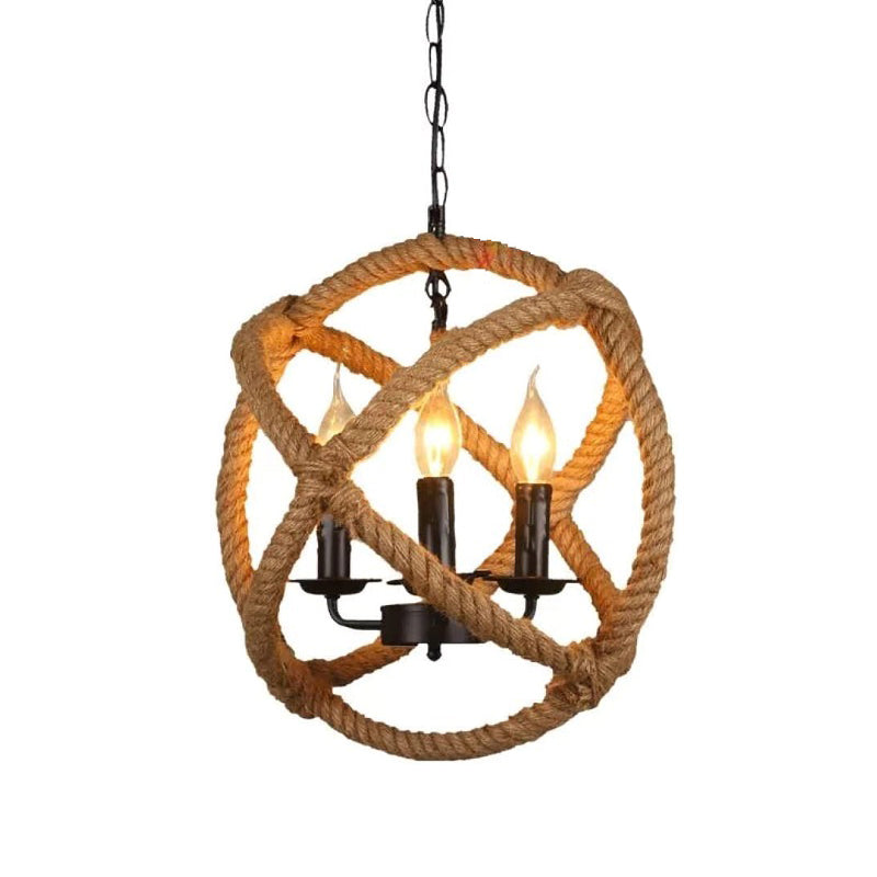 Loft Rope-Wrapped Globe Chandelier Lighting Fixture Rope Hanging Lamp Kit in Beige