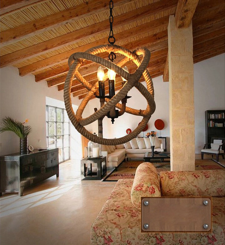 Loft Rope-Wrapped Globe Chandelier Lighting Fixture Rope Hanging Lamp Kit in Beige