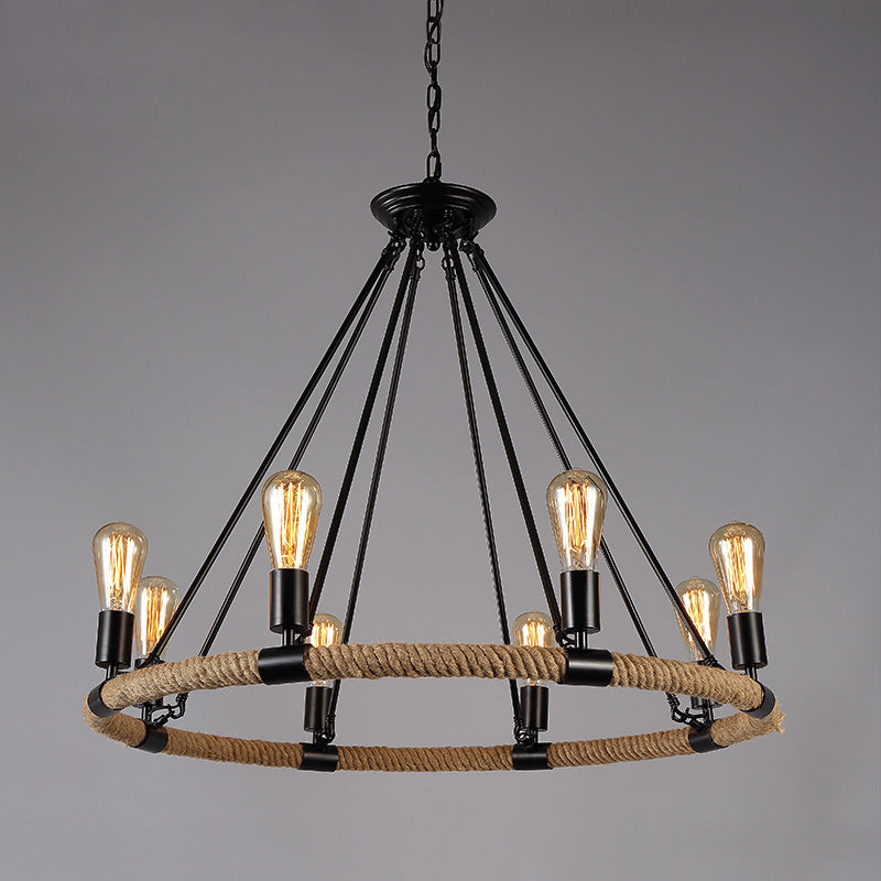 Rope Beige Pendant Chandelier Hoop Industrial-Style Chandelier Lamp for Restaurant