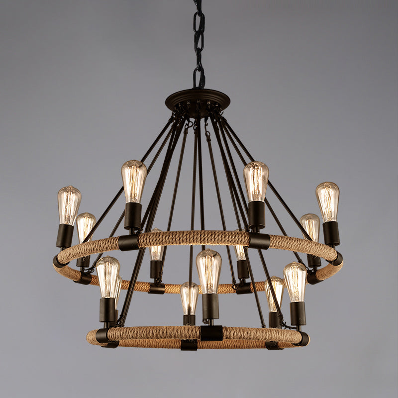 Rope Beige Pendant Chandelier Hoop Industrial-Style Chandelier Lamp for Restaurant