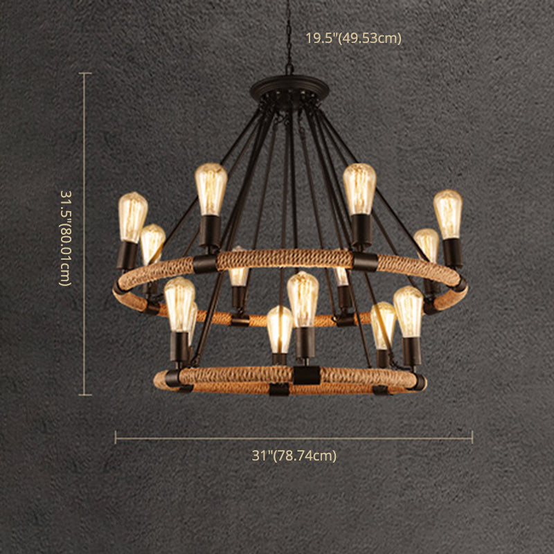 Rope Beige Pendant Chandelier Hoop Industrial-Style Chandelier Lamp for Restaurant