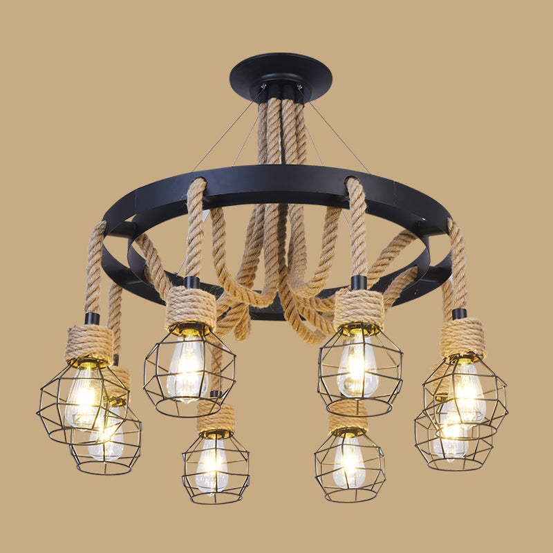 Beige Ceiling Hung Fixture Rustic Style Rope Caged Hanging Chandelier Light for Restaurant