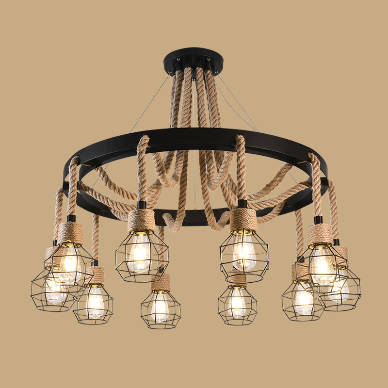 Beige Ceiling Hung Fixture Rustic Style Rope Caged Hanging Chandelier Light for Restaurant