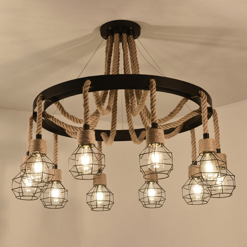 Beige Ceiling Hung Fixture Rustic Style Rope Caged Hanging Chandelier Light for Restaurant