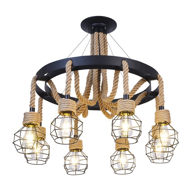 Beige Ceiling Hung Fixture Rustic Style Rope Caged Hanging Chandelier Light for Restaurant