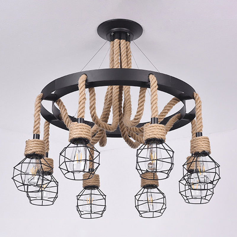 Beige Ceiling Hung Fixture Rustic Style Rope Caged Hanging Chandelier Light for Restaurant