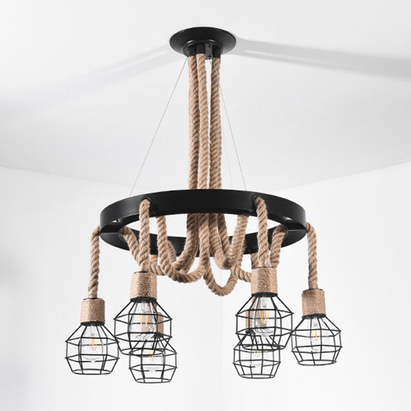 Beige Ceiling Hung Fixture Rustic Style Rope Caged Hanging Chandelier Light for Restaurant