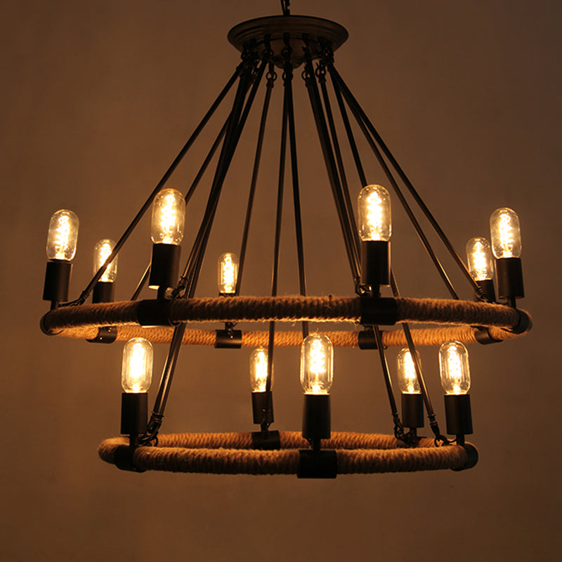 Circular Living Room Chandelier Lighting Industrial Style Rope Black Hanging Chandelier Light