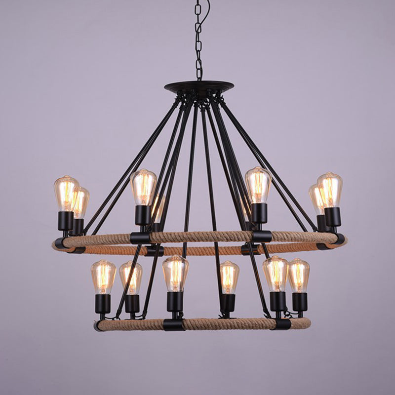 Circular Living Room Chandelier Lighting Industrial Style Rope Black Hanging Chandelier Light