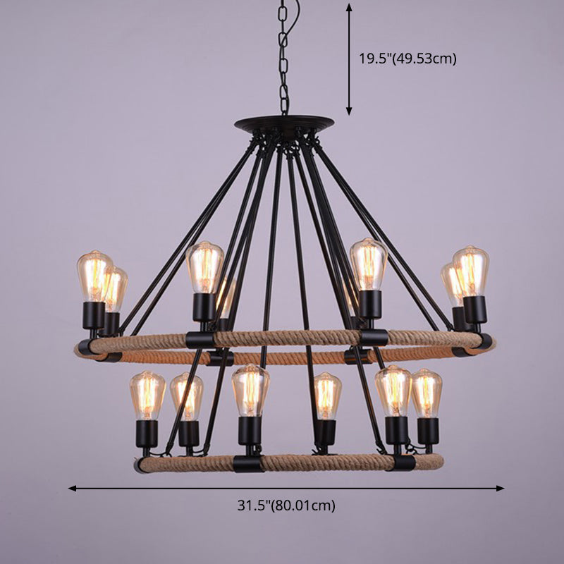 Circular Living Room Chandelier Lighting Industrial Style Rope Black Hanging Chandelier Light