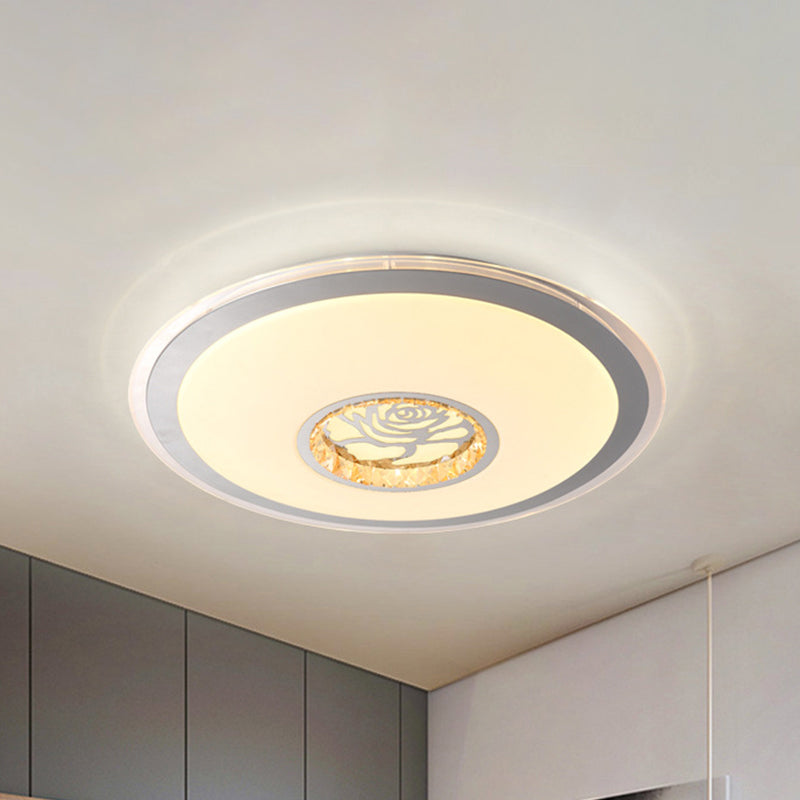 Convex Round Flush Mount Ceiling Light Minimalist Clear Crystal LED Indoor Lighting in White with Rose Design