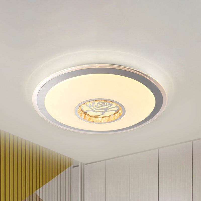 Convex Round Flush Mount Ceiling Light Minimalist Clear Crystal LED Indoor Lighting in White with Rose Design