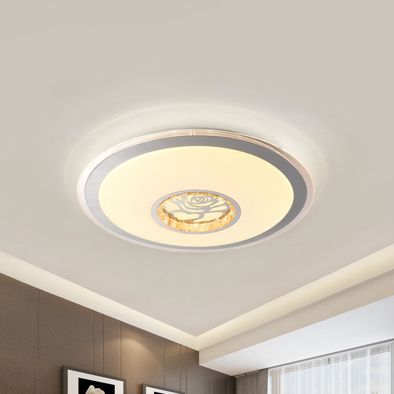 Convex Round Flush Mount Ceiling Light Minimalist Clear Crystal LED Indoor Lighting in White with Rose Design