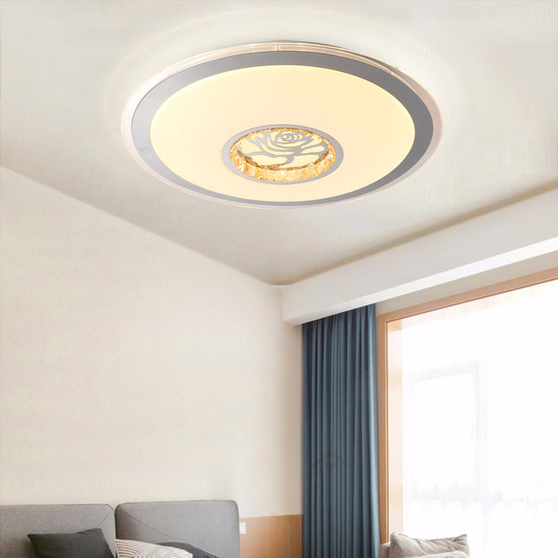 Convex Round Flush Mount Ceiling Light Minimalist Clear Crystal LED Indoor Lighting in White with Rose Design