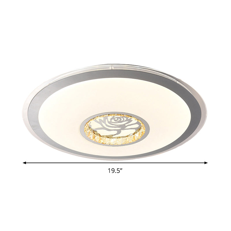 Convex Round Flush Mount Ceiling Light Minimalist Clear Crystal LED Indoor Lighting in White with Rose Design