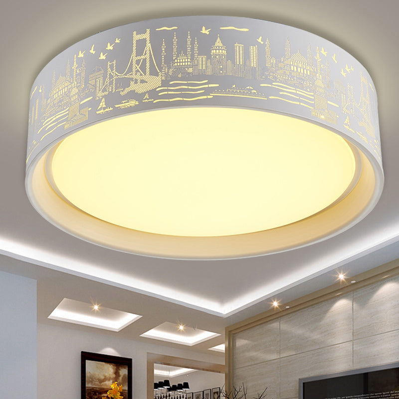 16.5"/20.5" W Metal Drum Flush Lamp Modern White Carved Metropolis Scene LED Ceiling Light in Warm/White Light/Remote Control Stepless Dimming