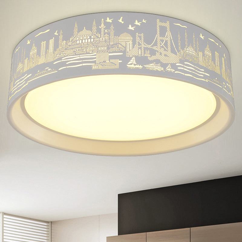 16.5"/20.5" W Metal Drum Flush Lamp Modern White Carved Metropolis Scene LED Ceiling Light in Warm/White Light/Remote Control Stepless Dimming