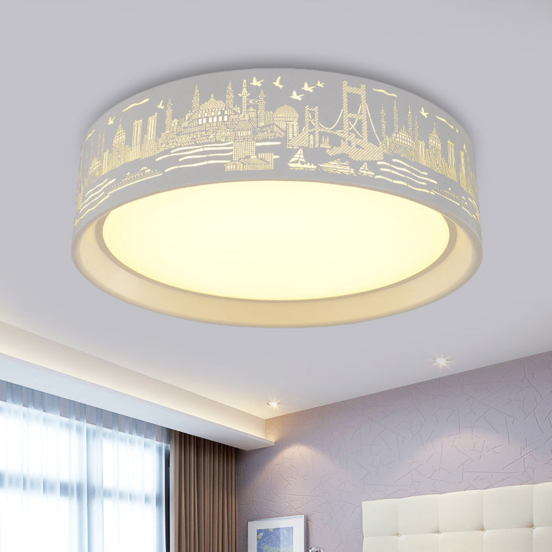 Lampada da incasso a tamburo metallico da 16,5"/20,5" Lampada da soffitto moderna a LED con scena metropolitana bianca intagliata in luce calda/bianca/Dimmerazione continua con telecomando