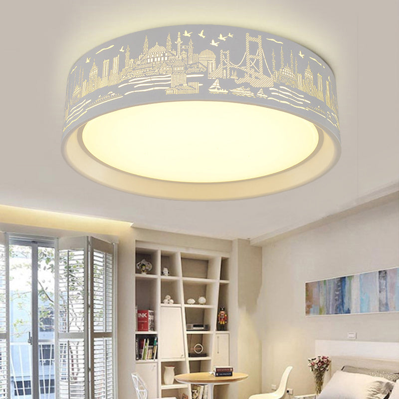 16.5"/20.5" W Metal Drum Flush Lamp Modern White Carved Metropolis Scene LED Ceiling Light in Warm/White Light/Remote Control Stepless Dimming