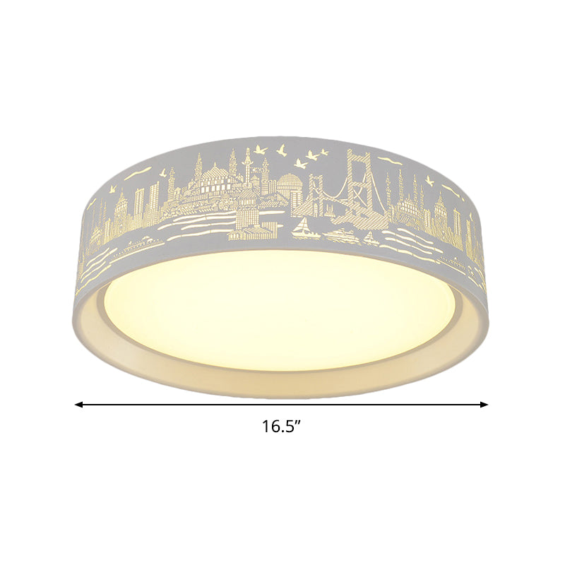 16.5"/20.5" W Metal Drum Flush Lamp Modern White Carved Metropolis Scene LED Ceiling Light in Warm/White Light/Remote Control Stepless Dimming