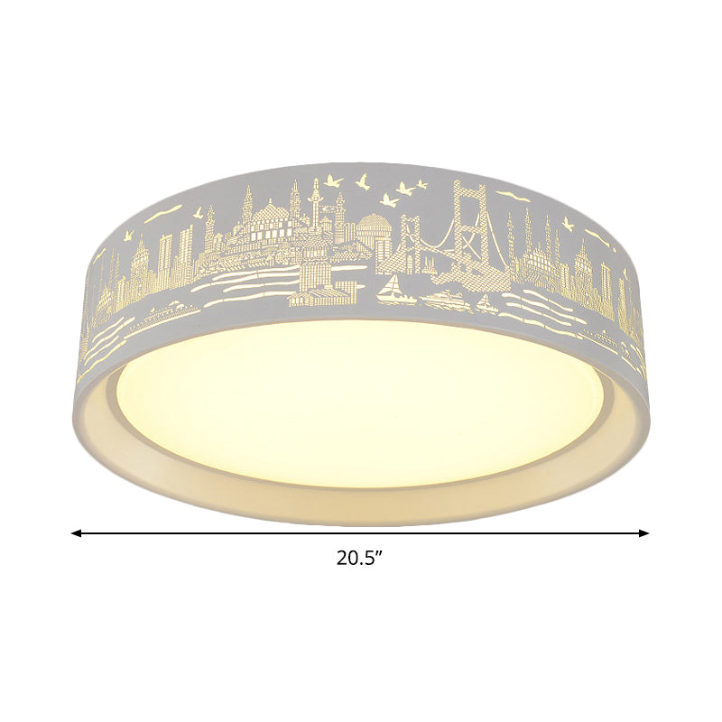 Lampada da incasso a tamburo metallico da 16,5"/20,5" Lampada da soffitto moderna a LED con scena metropolitana bianca intagliata in luce calda/bianca/Dimmerazione continua con telecomando