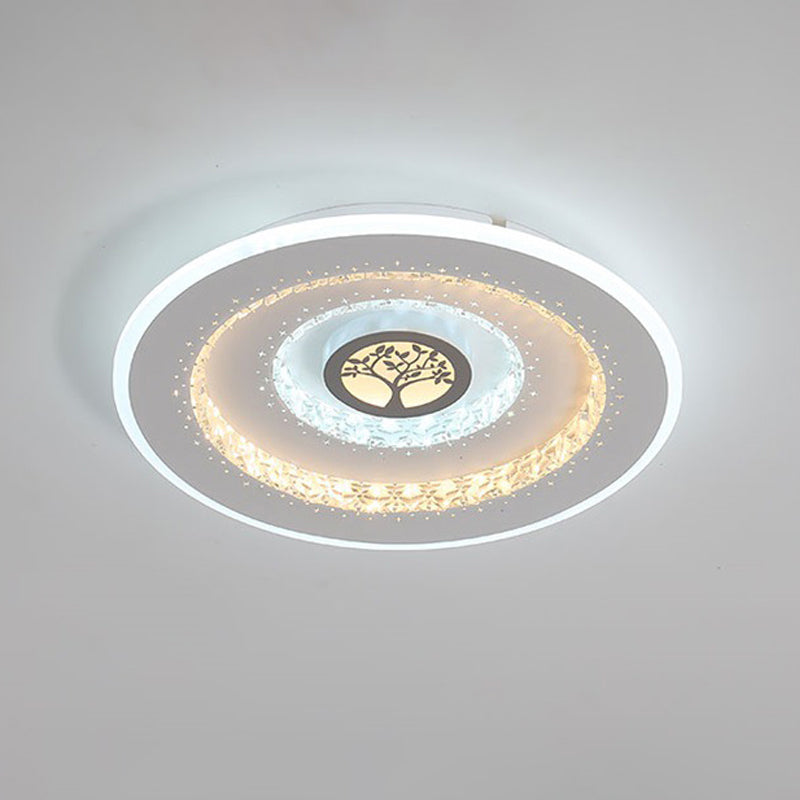 Plafonnier LED rond en cristal blanc, éclairage encastré moderne à motif d'arbre exquis en lumière blanche/chaude